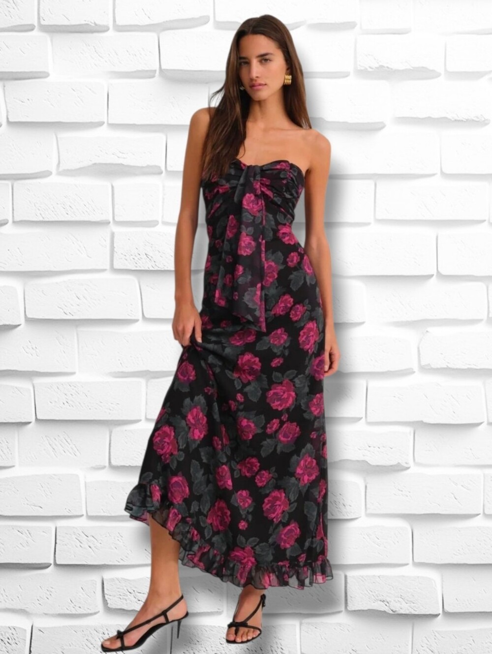 For Love and Lemons Teagan Black Floral Maxi Dress Sz L Strapless Bohemian NWOT